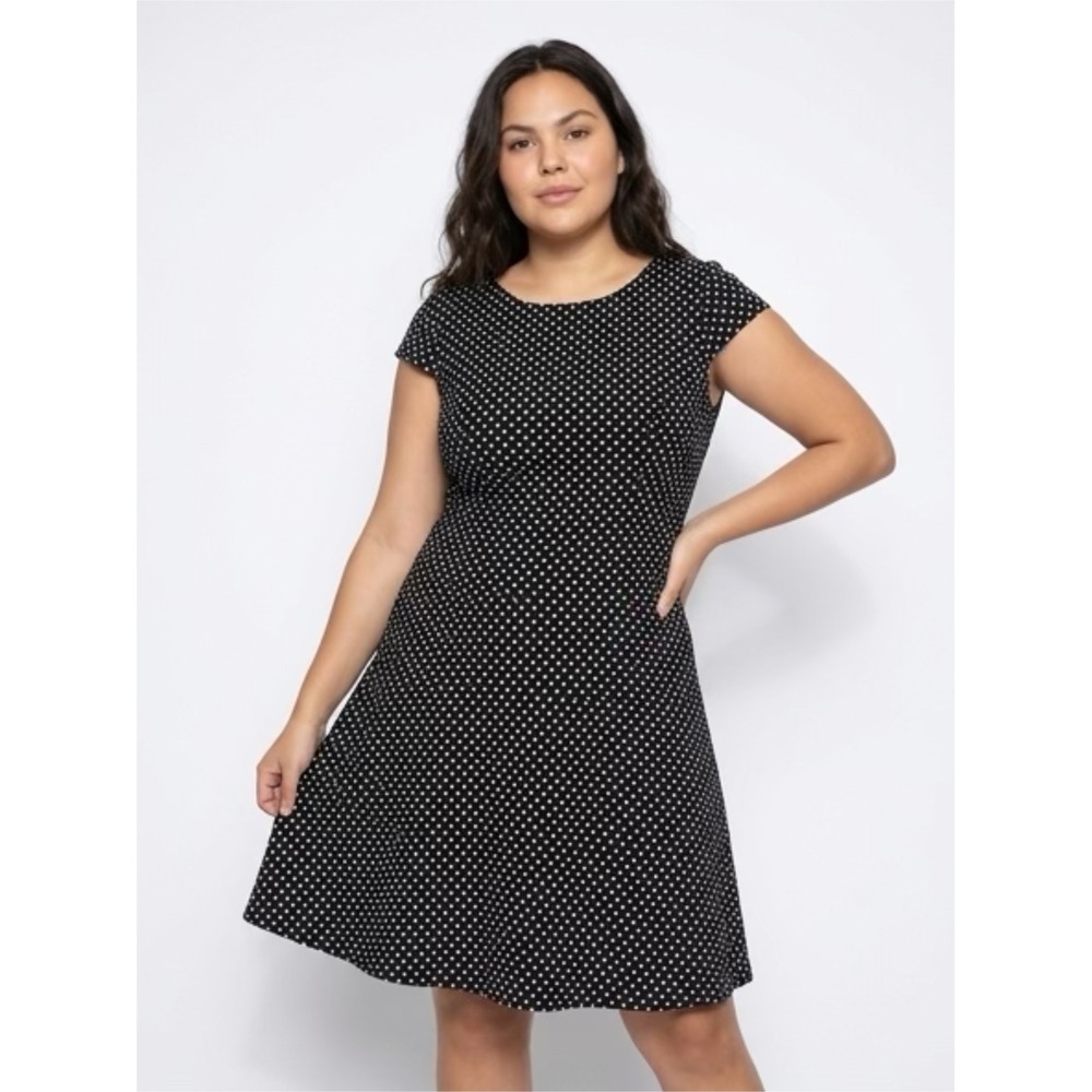 Laura Womens Black White Polka Dot A-Line Cap Sleeve Dress Size 12 Made in USA